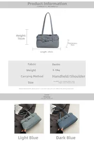 Detailed size chart for retro denim shoulder bag featuring buckle and metal ring decor