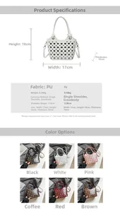 Detailed size chart and multi-color specifications for the studded bucket handbag