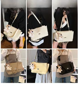 Collage of four minimalist tote bags in different colors with cute bear pendants