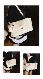 Litchi texture leather tote with metal twist lock and cute plush bear accessory