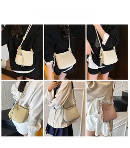 Collage of chic leather bucket bags in cream, yellow, and pink with woven straps