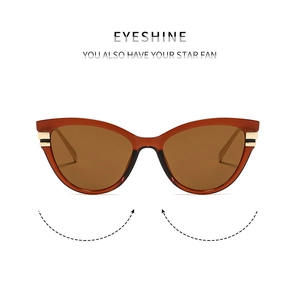Detailed close-up of brown cat-eye sunglasses featuring elegant gold metal hinge accents
