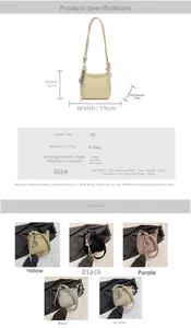 Detailed size chart and specifications for the minimalist PU leather bucket bag