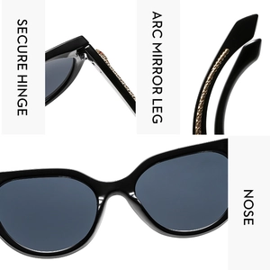 Détails de lunettes de soleil œil-de-chat avec texture métal doré et charnières renforcées