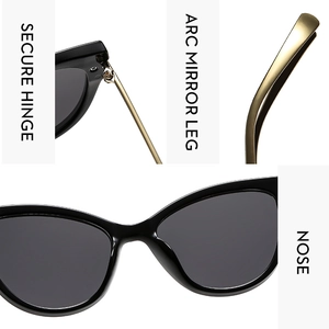 Detail view of cat eye sunglasses showing secure hinges, arc legs and nose pads