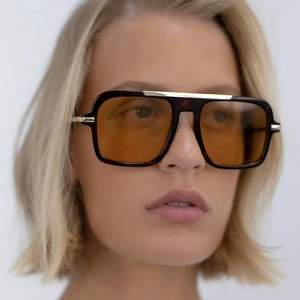 Square aviator sunglasses with tortoiseshell frames and gold metal top bar for women