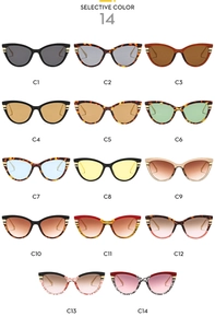 Selection of 14 colorful cat-eye sunglasses with gradient lenses and patterned frames
