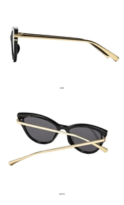 Detail view of black cat-eye sunglasses with slim gold metal temples from side and back angles