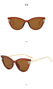 Detailed front and side views of brown cat eye sunglasses with slim gold metal temples