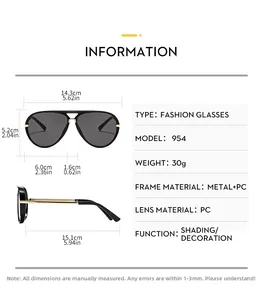 Detailed size chart for aviator sunglasses showing frame width and lens height dimensions