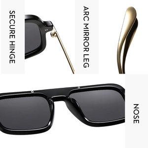 Close-up of secure metal hinge and ergonomic temple design on square fashion sunglasses