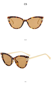 Front and side views of tortoiseshell cat-eye sunglasses with golden metal temples