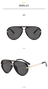 Front and side view of pilot sunglasses with black frame and golden metal accents