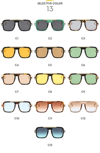 Selective color grid of square aviator sunglasses with flat top frames and tinted lenses