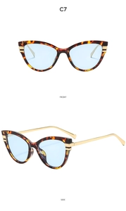 Front and side view of cat-eye tortoiseshell sunglasses with blue lenses and gold metal temples
