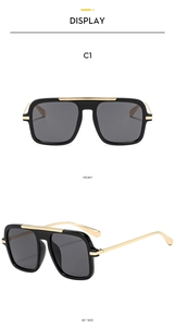 Front and 45-degree side views of black square aviator sunglasses with gold metal top bar