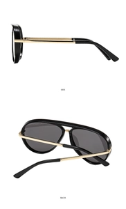 Side and back view of classic pilot sunglasses with black frames and gold metal temples