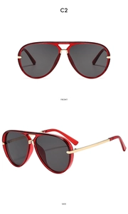 Detailed front and side views of red aviator sunglasses with gold metal temples