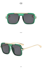 Front and side details of square aviator sunglasses in dark green and gold trim