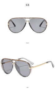 Front and side views of transparent gray aviator sunglasses with gold metal temples