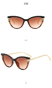 Front and side view of cat-eye sunglasses with tortoiseshell accents and gold metal temples