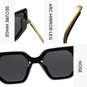 Detail of secure metal hinges and ergonomic arc temples on oversized black sunglasses