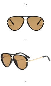 Front and side views of double bridge aviator sunglasses with amber lenses and gold frames