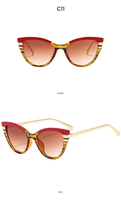 Front and side views of stylish cat-eye sunglasses with gradient lenses and metal temples
