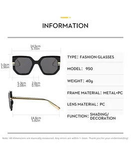 Detailed size guide for fashion oversized sunglasses showing exact frame measurements