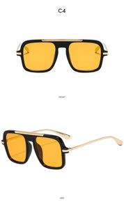 Front and side views of black square aviator sunglasses with gold bridge and orange lenses