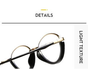 Detailed close-up of high-quality metal hinges and black gold half-rim glasses frame