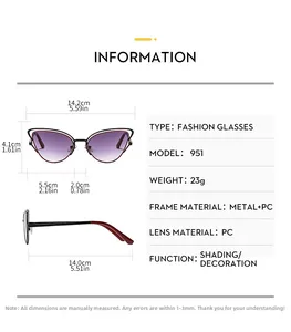 Tabella taglie dettagliata con dimensioni e materiali per occhiali da sole cat eye in metallo