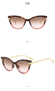 Front and side views of cat eye sunglasses with tortoise frame and gold metal temples