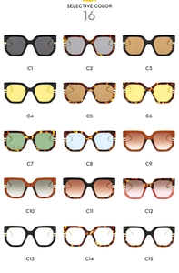 Detailed catalog of oversized square sunglasses showing 15 diverse color options and metallic accents
