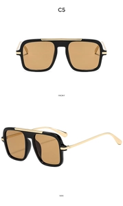Front and side views of square pilot sunglasses with gold double bridge and black frames