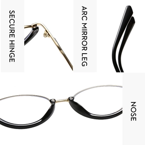 Detailed view of the gold-tone metal hinge, arc temple, and nose pad of the black glasses