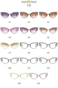 Griglia di 14 occhiali da sole cat-eye colorati con montature e lenti sfumate diverse