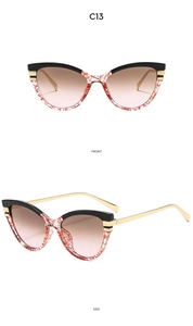 Detailed front and side views of cat-eye sunglasses with mixed black and red frames