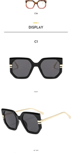 Detailed front and side views of fashion square sunglasses with gold metal temples