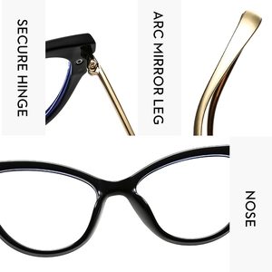 Detail view of cat-eye frames featuring secure hinges, arc temple legs, and comfortable nose pads