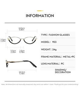 Detailed size chart of cat-eye half-rim metal glasses with precise measurements