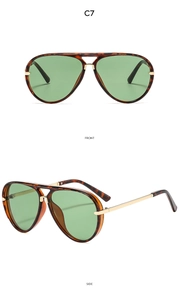 Front and side views of C7 aviator sunglasses with tortoise frames and green lenses
