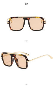 Front and side views of tortoise shell square aviator sunglasses with gold metal bridge