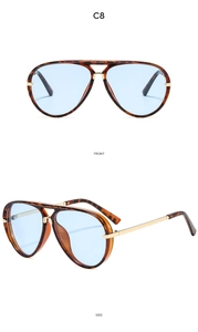 Front and side view of tortoiseshell aviator sunglasses with gold double bridge