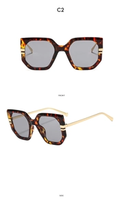 Detail of tortoise frame sunglasses with gold geometric metal temples in front and side views