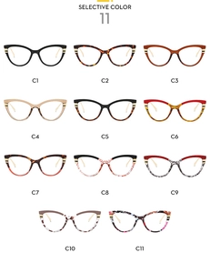 Collage of eleven cat-eye blue light blocking glasses frames in various colors and patterns