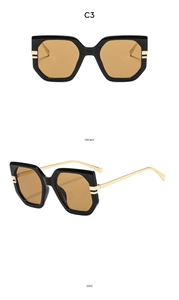 Detailed front and side views of oversized polygon sunglasses with gold metal temples