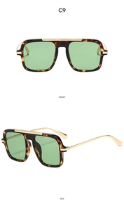 Detail view showing front and side of tortoiseshell aviator sunglasses with gold top bar