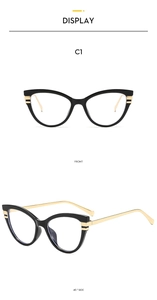 Front and side view of cat-eye black and gold anti-blue light glasses frames for women