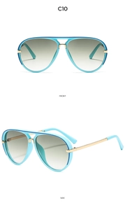 Front and side view of dual-beam aviator sunglasses with light blue frames and C10 detail